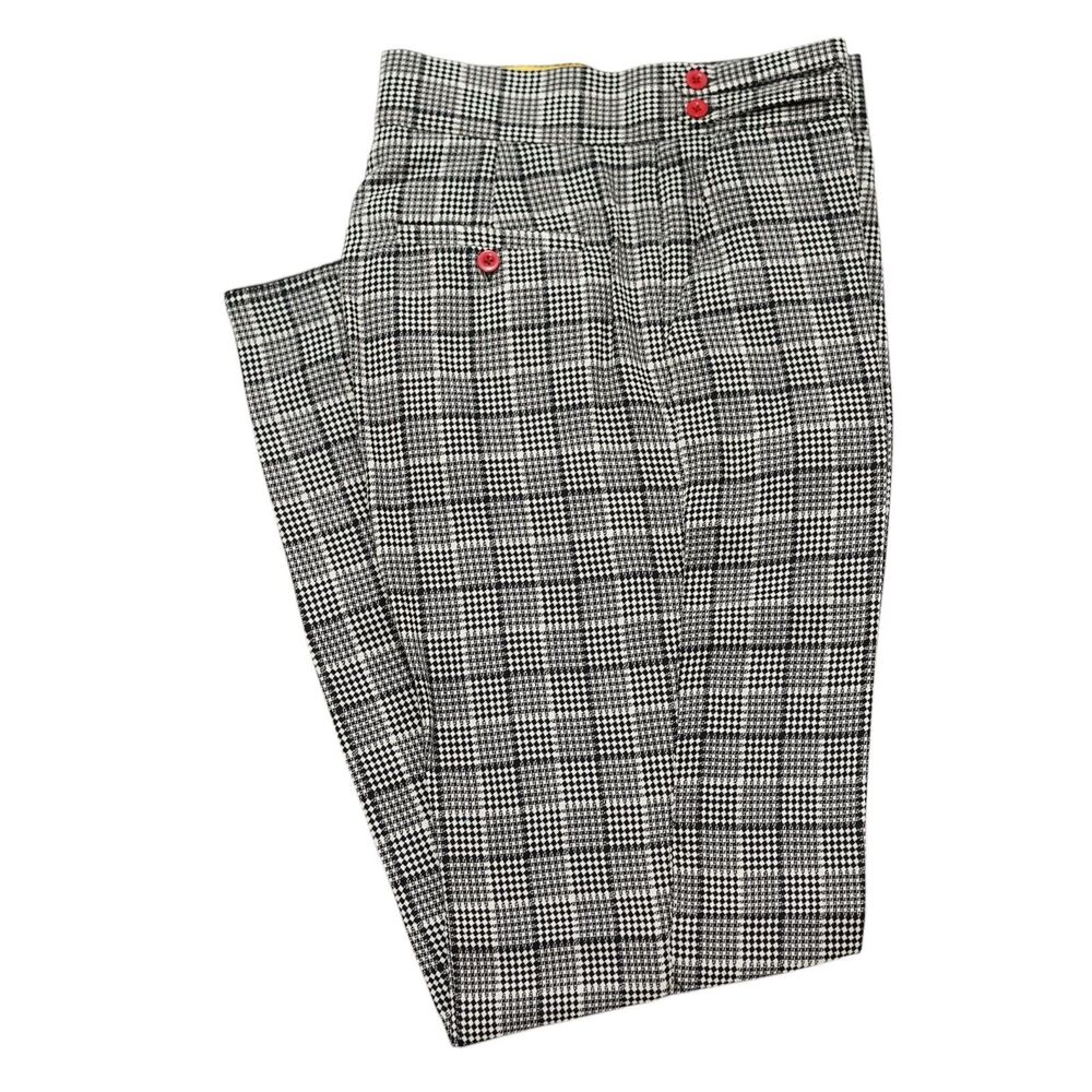 Mens 32 Gurkha Pants Black Ivory Geometric Check High Waist Straight Trousers